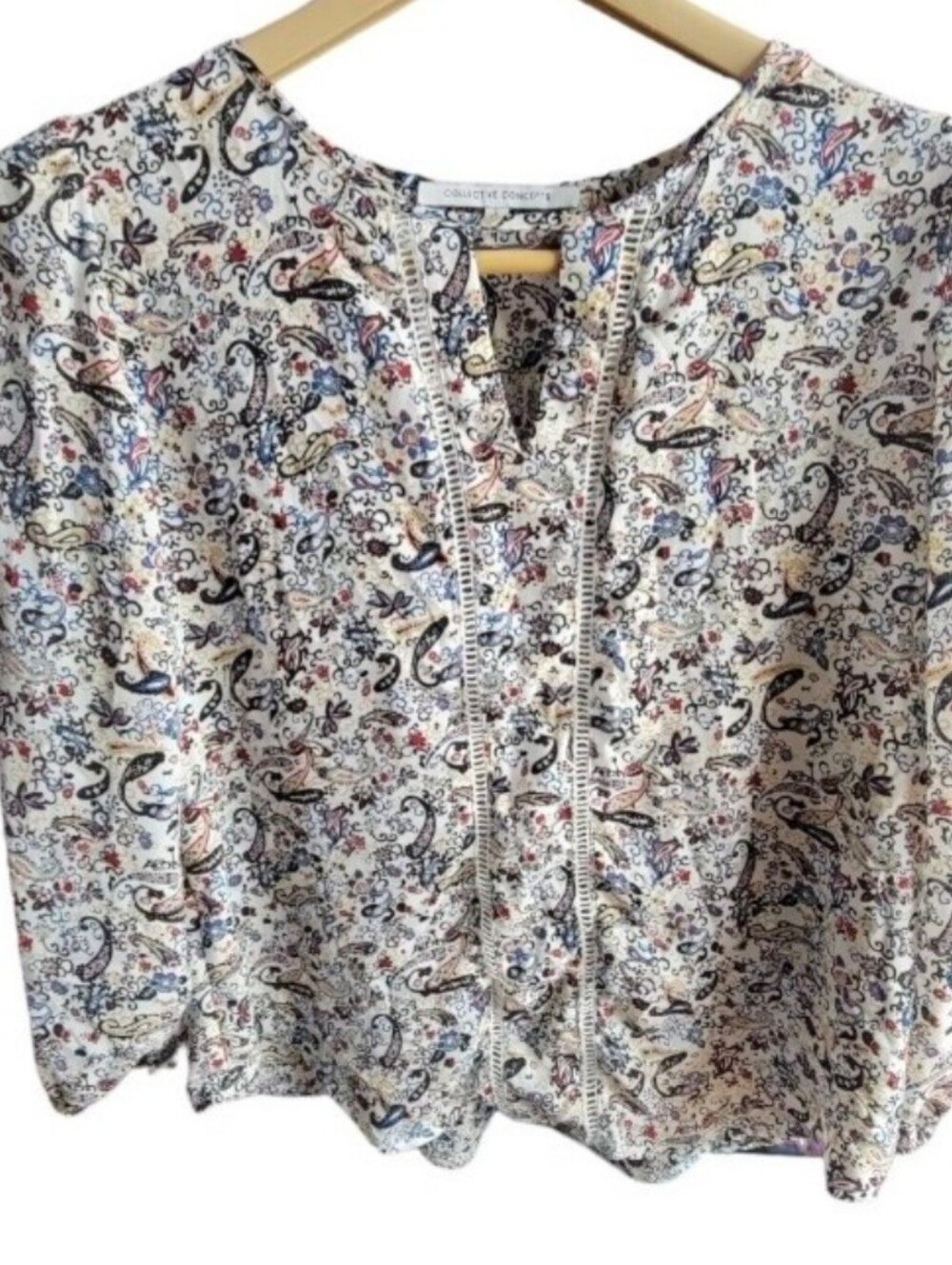 Collective Concepts Floral Peasant Print Top Cinched Sleeves Crochet Flowly Sz S